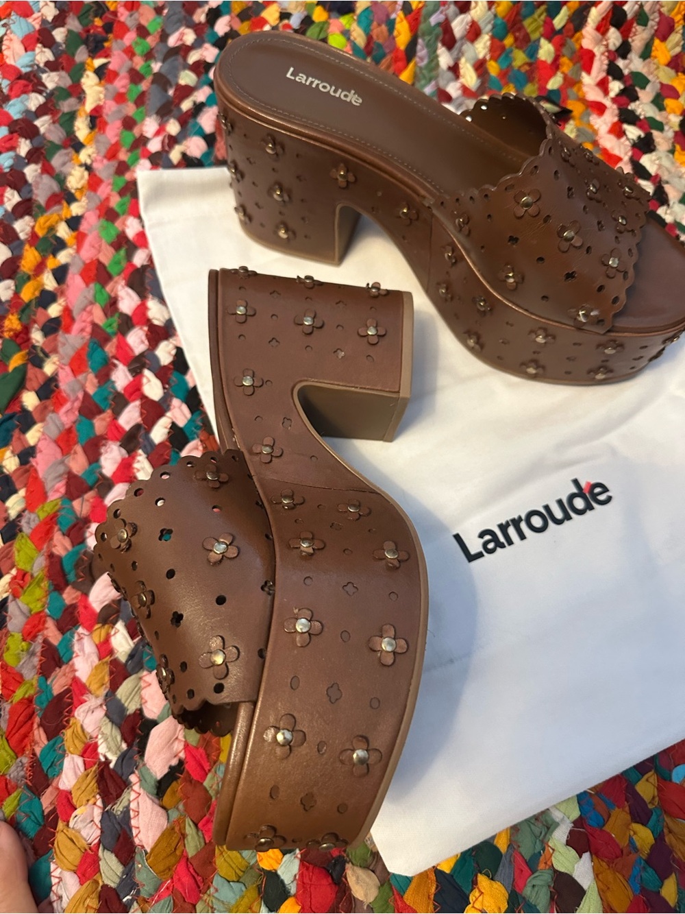 Larroude Brown Floral Cutout Platform Mules